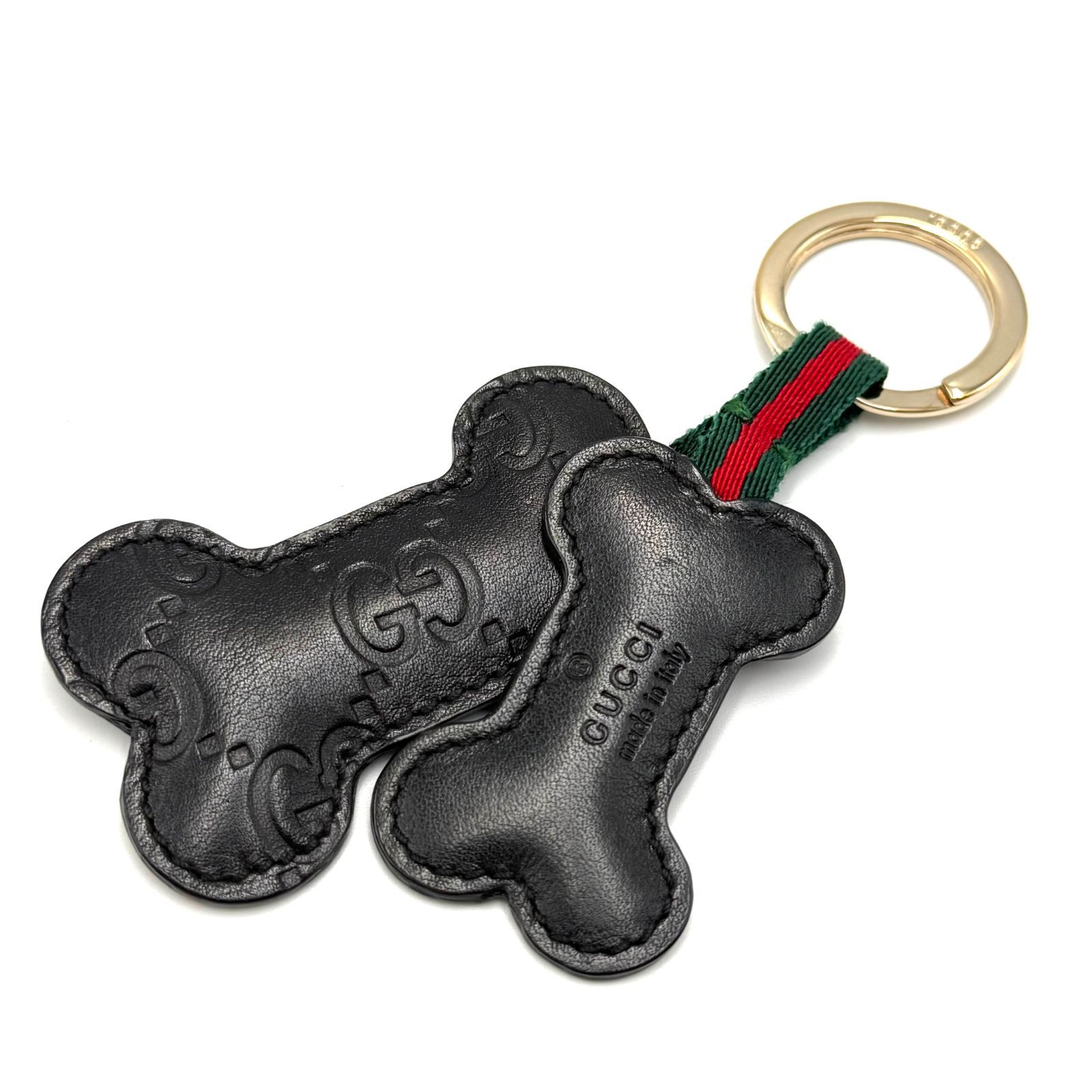 【遊び心あるボーンモチーフ/美品】GUCCI グッチ シマ シェリーボーン型 チャーム GG柄 ブラック イタリア製 キーホルダー キーリング アクセサリー 小物 当店基準真贋確認済