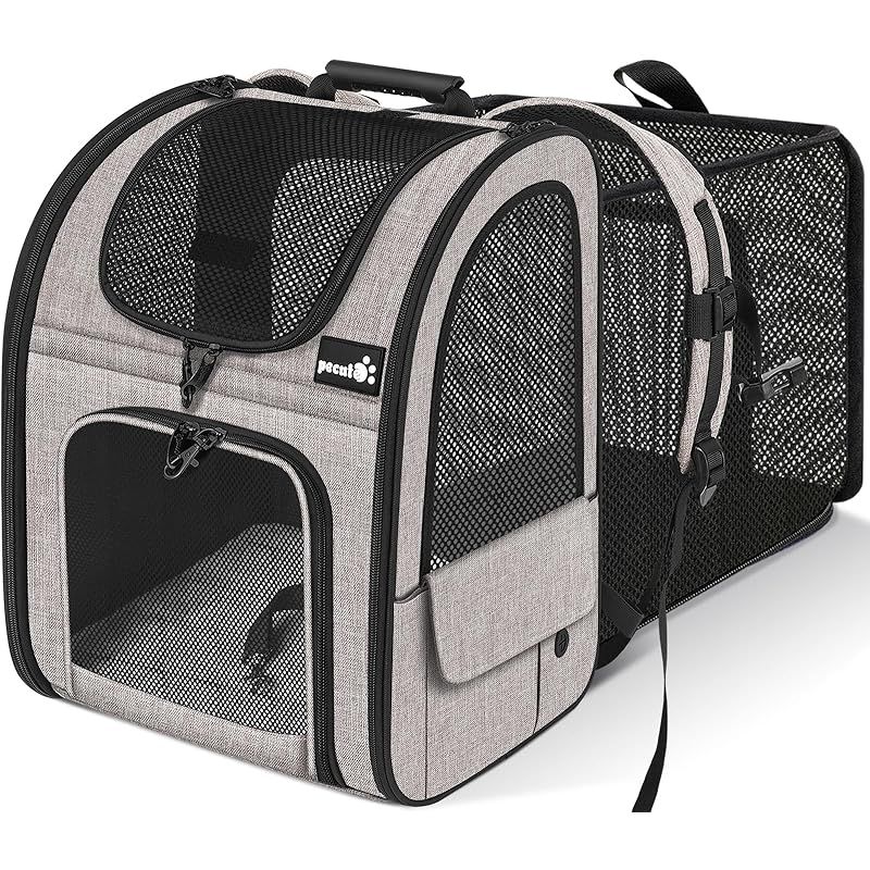 ペキュート Pecute ペット キャリーバッグ 猫用 犬用 リュック メッシュ窓 通気性 拡張可能 2WAY ペットハウス ケージ 折り畳み お出かけ ドライブ 旅行 通院 防災 避難用 キャリー カーキ 1
