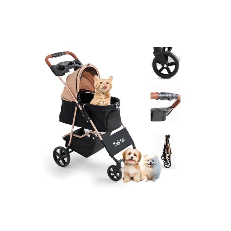 TRAIL TAIL ペットカート 犬用ベビーカー 小型犬 一体型 折り畳み イヌバギーミニ 4輪タイプ 組み立て簡単 猫犬兼用 ?物推? ドッグ 旅行 スタイリッシュゴールド レザーハンドル 軽量 6kg コンパクト ワンタッチ開閉 メッシュ 耐荷重15 1