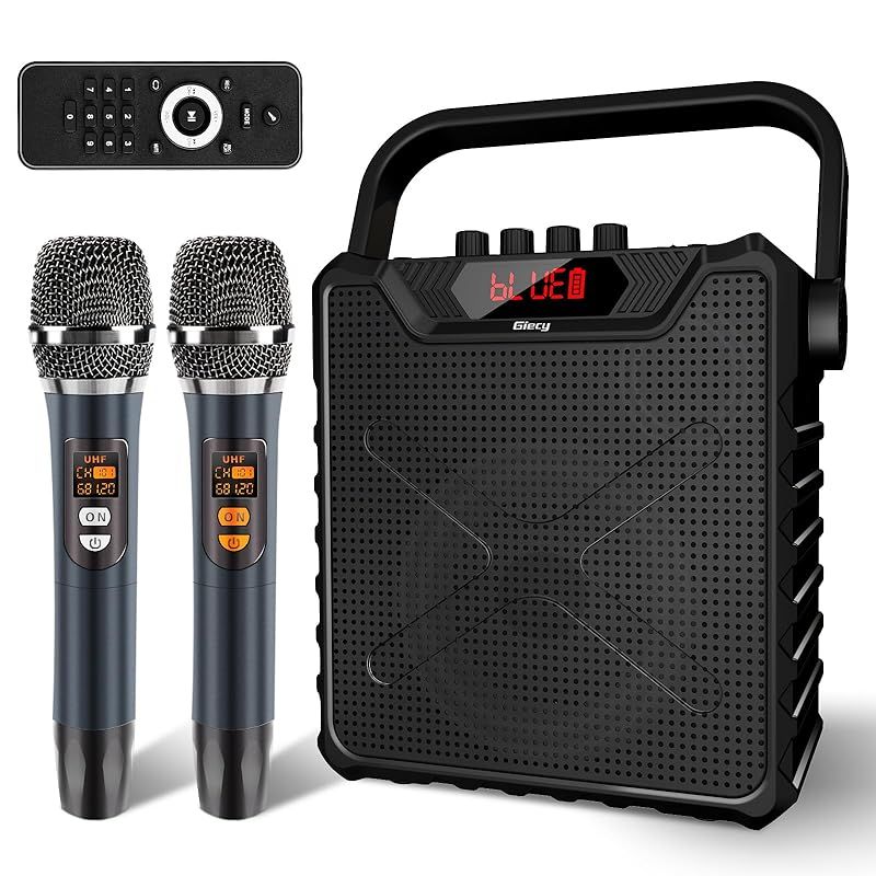 Giecy スピーカーセット 拡声器 ワイヤレスマイク2本 Bluetooth 5.0対応 充電式 UHFマイクロホン低音強化機能搭載 ポータブルマイクスピーカー拡声器 ホームパーティー、カラオケ、会議、セミナー、登山キャンプ、街頭演説、学校行事、室外、防 0