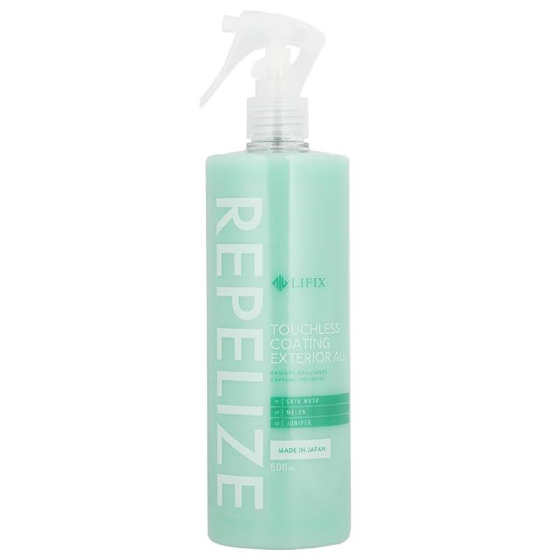 LIFIX REPELIZE タッチレスコーティング スプレー一発 水で流すだけ 湿式乾式どちらも対応 触れずに変わる メンテナンスとしても◎ 水弾きと光沢の新定番 ワンステップで仕上がる 魅せる艶 オールラウンダー 3段階の香り スキンムスク メロン ジ 0