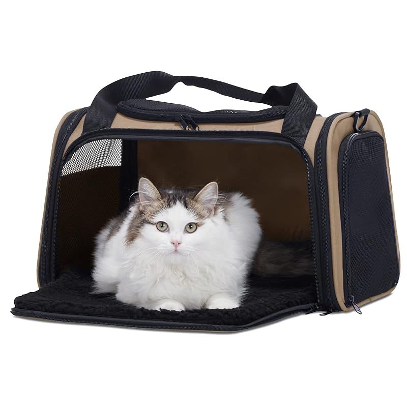 PETSFIT 犬 キャリー バッグ 猫キャリー 中・大型猫用・小型犬・うさぎ用 飛び出し防止リード付き 車載/ドライブ/キャンピング/旅行/通院/災害避難用 カーキ XLサイズ 1