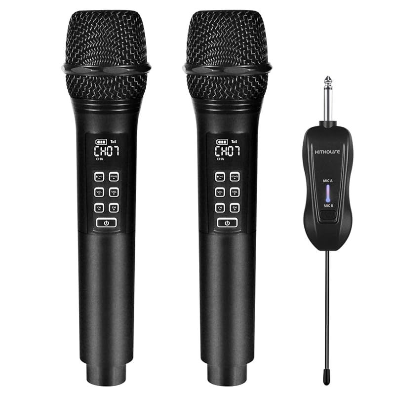 Kithouse ワイヤレスマイク カラオケ 2本セット 充電式 無線マイク UHF 10チャンネル LED ディスプレイ ハンド型ダイナミックマイク 複数台同時使用 6.35ｍｍレシーバー 日本語取扱書付き 1