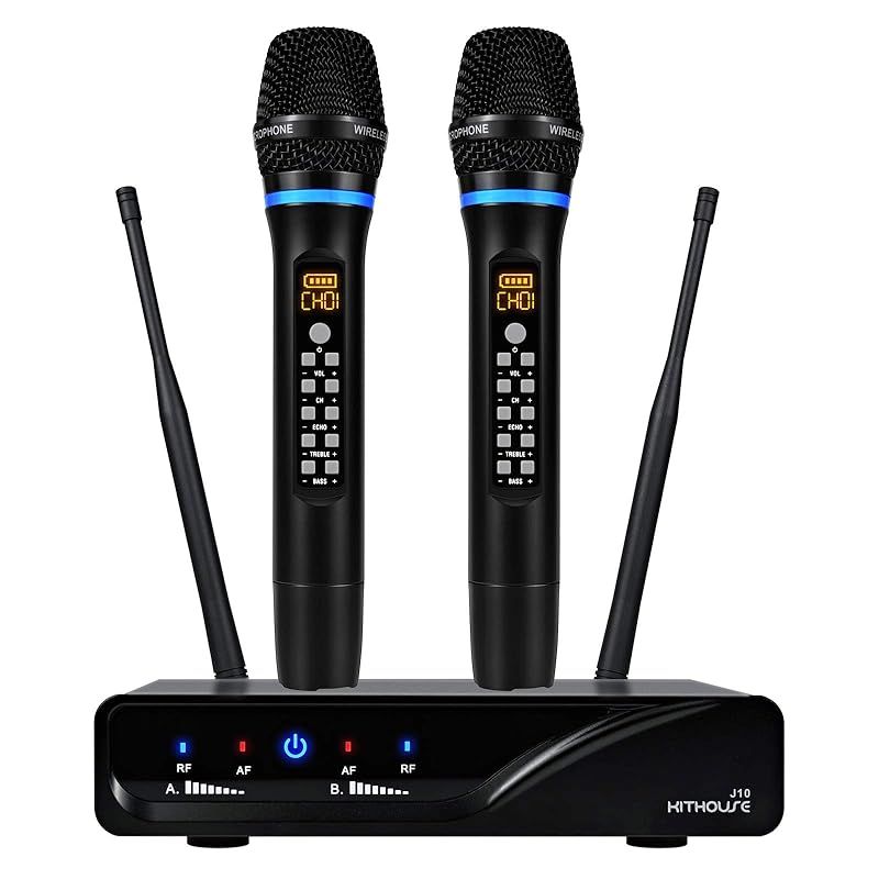 Kithouse UHF ワイヤレスマイクシステム メタルマテリアルコードレスデュアルマイクセット カラオケ無線マイク レシーバーボックス+ボリュームコントロールECHO 家庭カラオケ/会議/パーティー/忘年会/新年会/結婚式/ステージチャーチ用