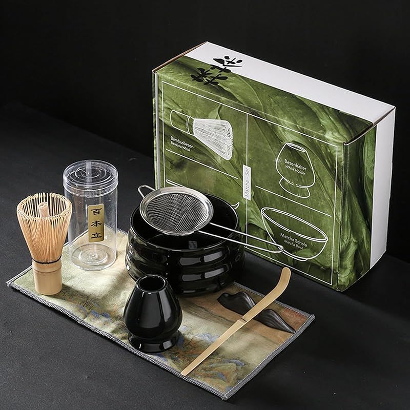 Yoseka 抹茶茶碗 セット 茶道7点セット 茶道具 百本立 茶せん 竹製 茶筅・茶筅立て・茶杓・茶こし・抹茶茶碗 初心者向け お点前セット（ブラック） 0
