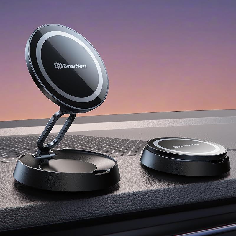 【超強磁力＆折りたたみ式】DesertWest スマホスタンド 車 Mag-Safe対応 マグネット スマホホルダー 車載ホルダー 360度回転/落下防止/航空合金素材/超粘着テープ iPhone 16/iPhone15/Google/Xperia/AQUOS