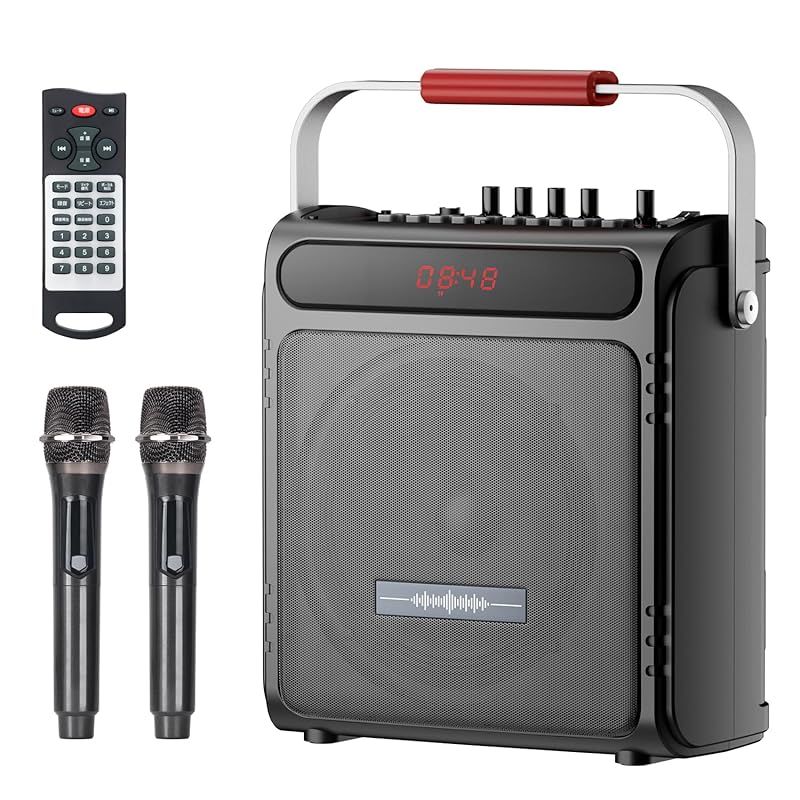 Moon River スピーカーセット カラオケセット 拡声器 Bluetooth 5.4対応 ワイヤレスマイク２本 高低音強化機能搭載 充電式 ポータブル カラオケマシン TF/USB/AUX/REC対応 ホームパーティー/室外/会議/防災/スピーチ/学 0