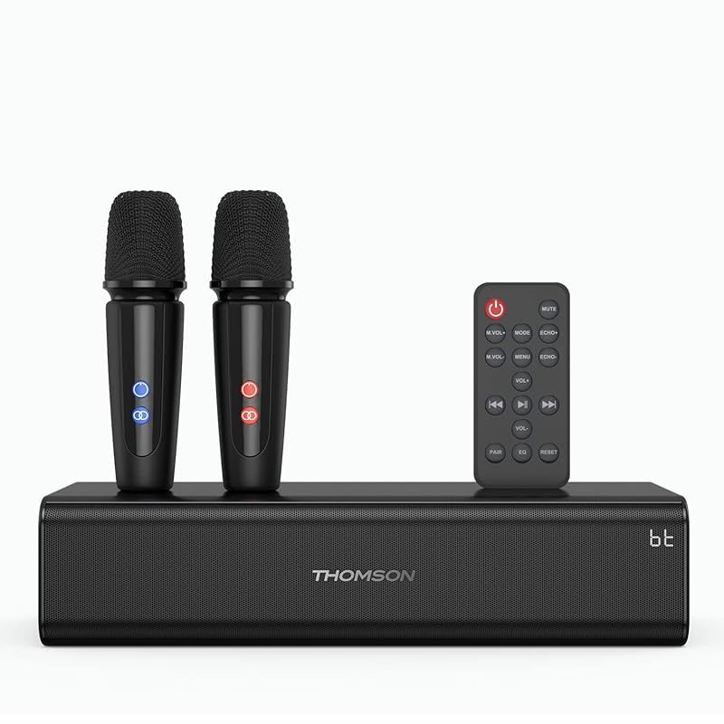 THOMSON カラオケセット 拡声器 ワイヤレスマイク2本付き PAセット Bluetooth5.0 ワイヤスステレオ対応 家庭用 USB再生 ポータブルスピーカー 屋外 スピーチスピーカー USB-C充電式ワイヤレスマイク 小型 ホームカラオケKTV 0