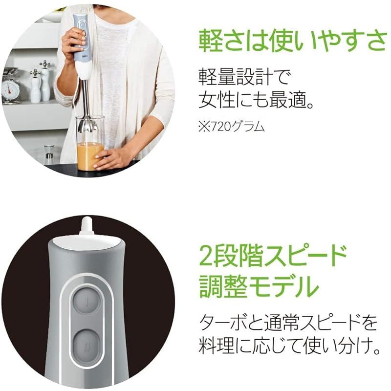 ブラウン ハンドブレンダー マルチクイック5 MQ500GY 軽量 離乳食 下ごしらえ スムージー スープ つぶす 混ぜる 簡単操作 時短 1台2役 350W お手入れ簡単 食洗機 ドイツ設計 1