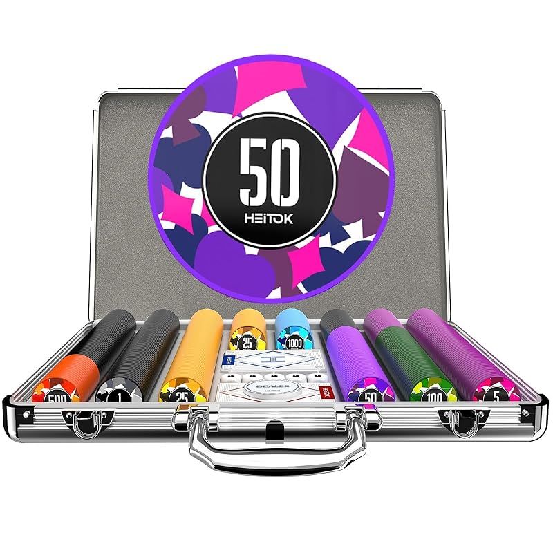 HEITOK ポーカーチップ ポーカーセット 500枚 数字入り 11.5g カジノチップ トランプ2組とサイコロ5個が付属 ABS製チップ アルミ製スーツケース入り 0