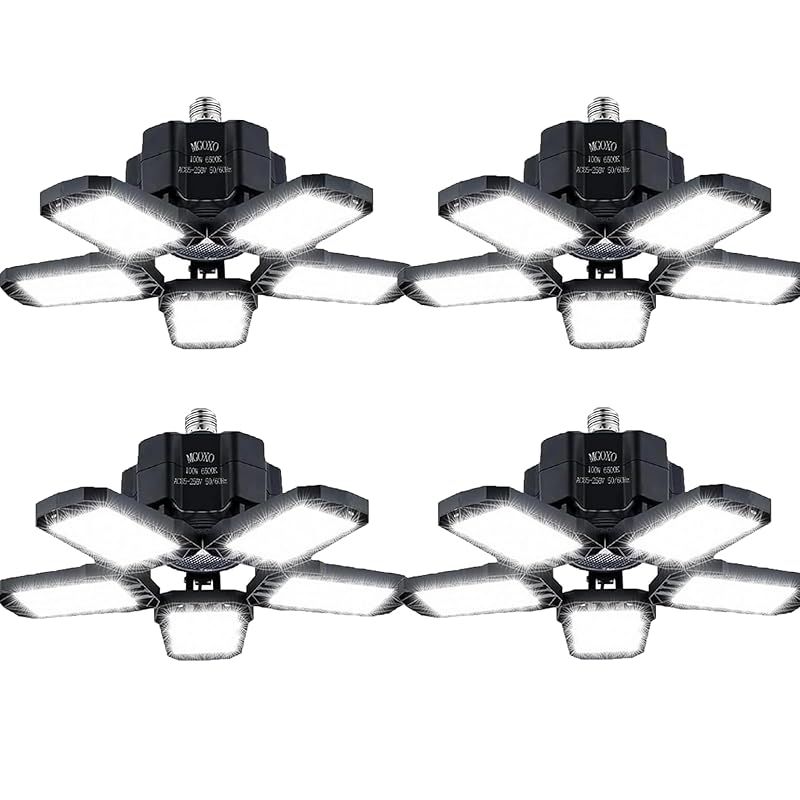 MGOXOガレージライト4個LEDシーリングライト 6灯式 省エネ ペンダントライト ハイパワー 超高輝度100W 6500K 昼白色 折りたたみ式 変形可能な 天井照明 カーポート、ワークショップ、パーキング、倉庫、地下に適用 (6灯式100W) 1