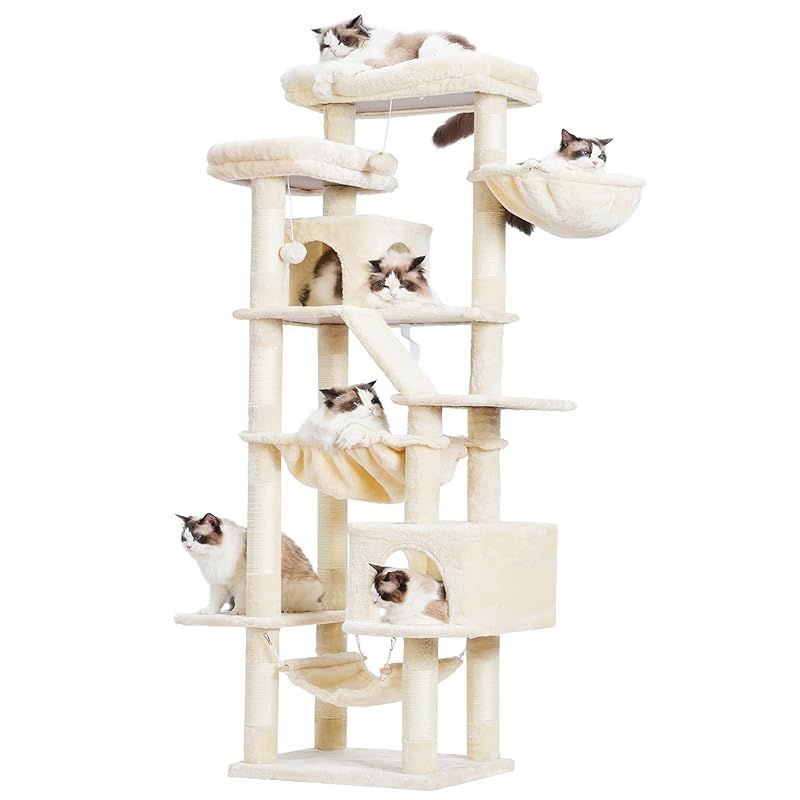 Heyblyキャットタワー 多頭飼い最適 高180cm 大型猫用 据え置き式 高安定性 ダブル展望台付き ダブル猫小屋付き 3 つ吊りベッド付き コンパクト設計 易攀爬 多機能 運動不足解消 猫用品 人気キャット家具 ベージュ HCT034M 1