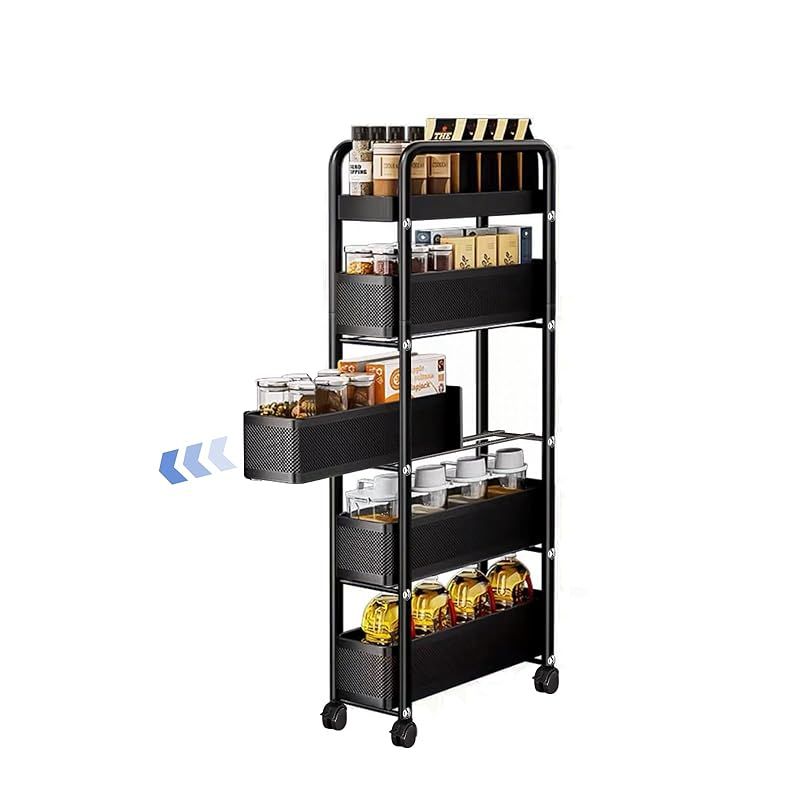 ママ倉 キッチンワゴン 隙間収納 スライド式 キャスター付き 幅19.6×奥行44×高さ107cm 冷蔵庫横 洗濯機横 調味料棚 ラック 省スペース 洗面所 5段 ブラック 0