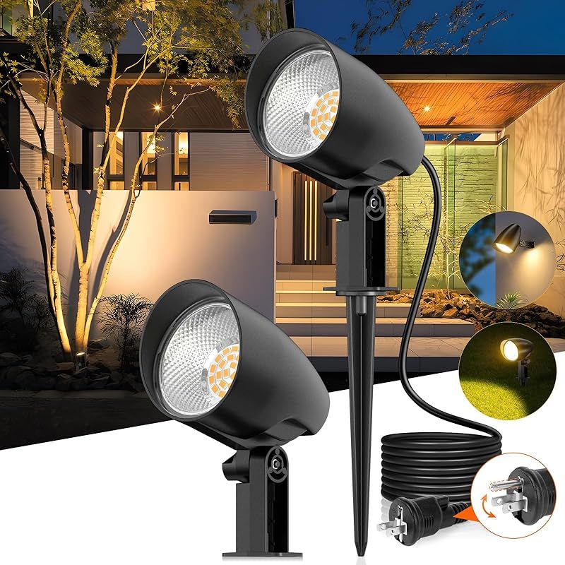 【全アルミ製 20W LEDスポットライト】MEIKEE 2000lm ガーデンライト コンセント式 電球色 IP66防水 2P/3Pプラグ切替 1.5m電源コード 2年 2way取り付け 回転可能 ５万時間の寿命 配線不要 庭園 ガーデン 芝生 駐車場 1