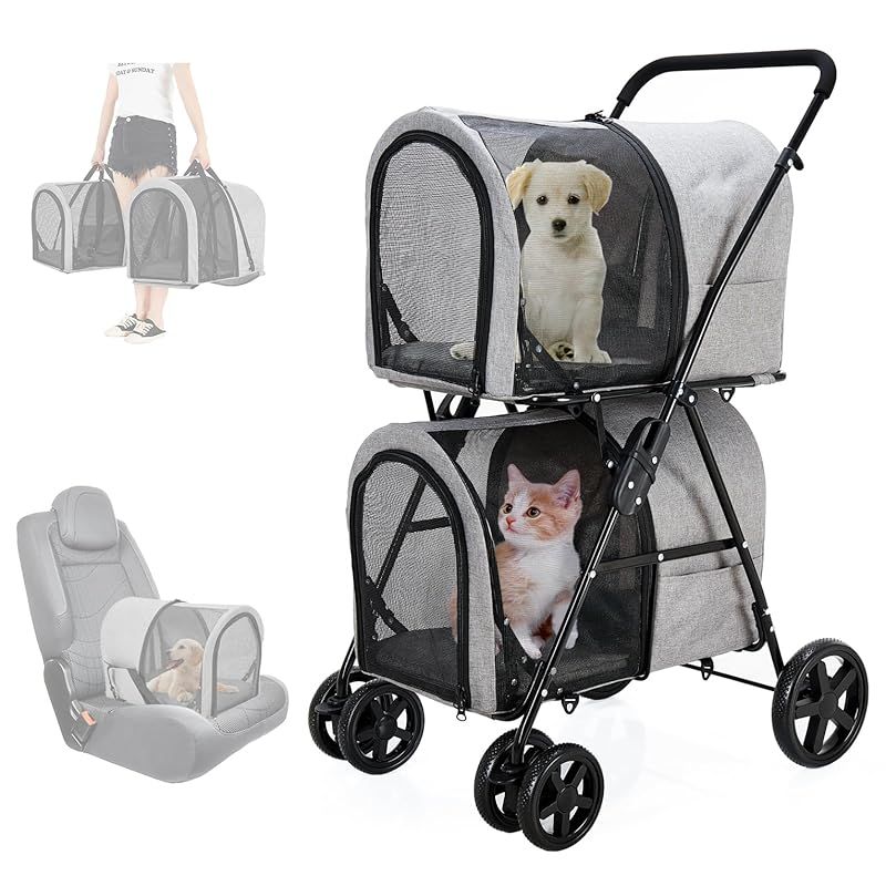 LPOTIUS ペットカート 多頭 上下2段式 分離型 ペットバギー 折りたたみ 軽量 犬用ベビーカー コンパクト収納 ペットキャリーバッグ 4輪 前輪360°回転 後輪ブレーキ付き 小型犬 中型犬 犬猫兼用 耐荷重20KG 上段10KG 下段10KG 多 0