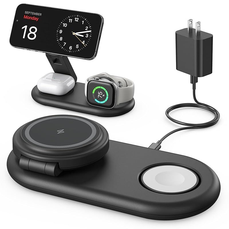 TEPNICAL ワイヤレス充電器 3in1 折り畳み式 高速 2.5-15W出力 スタンド iPhone 16/15/14/13/12シリーズ/Airpods 2/3/pro/Apple Watchに対応 軽量 マグネット式 同時充電 20WQC3.0ア 0