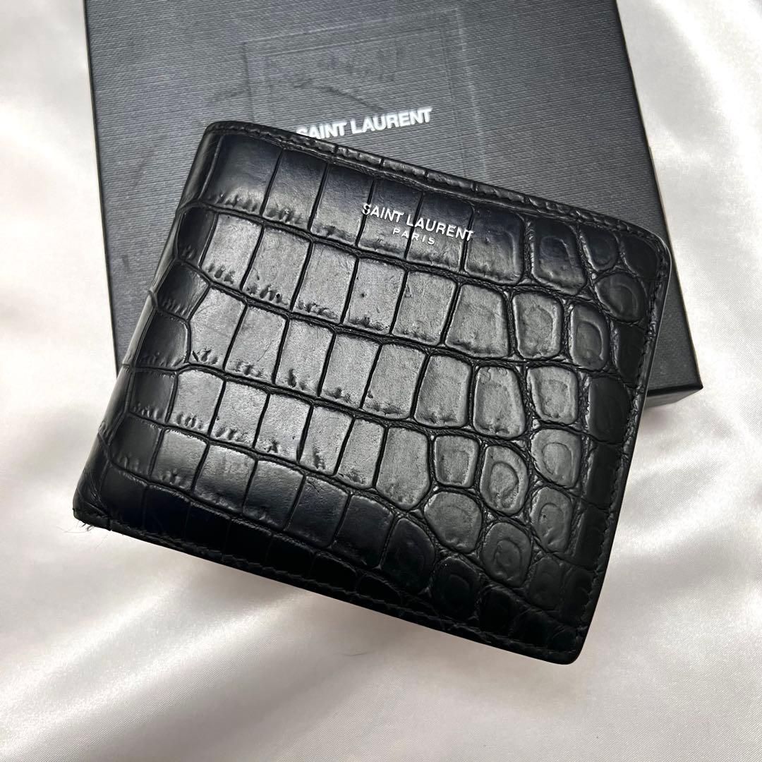 ◇箱付き美品◇サンローラン　クロコ型押し　バイフォールドウォレット　ブラック