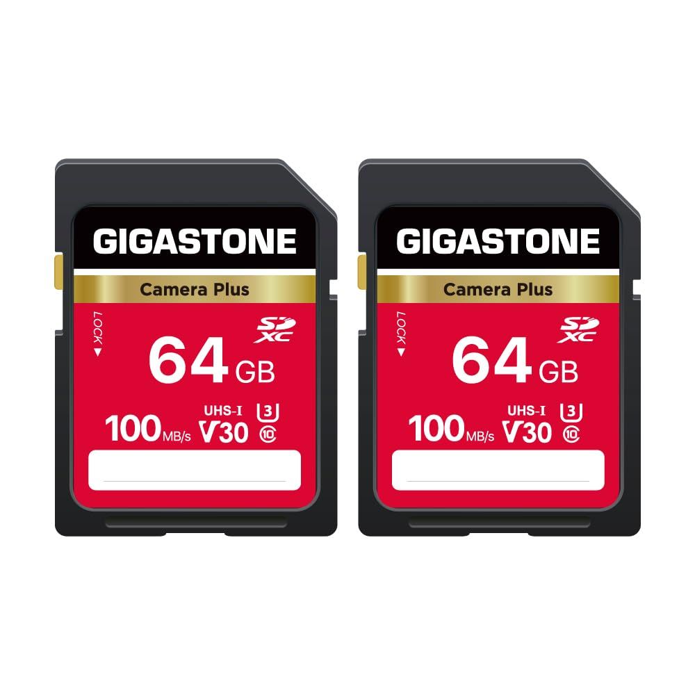 【5年保証】GIGASTONE 64GB SDカード 2個セット Camera Plus SDXC UHS-I V30 U3 C10 100MB/s メモリーカード 高速 フルHD ビデオ デジタルカメラ ミニケース2個付き
