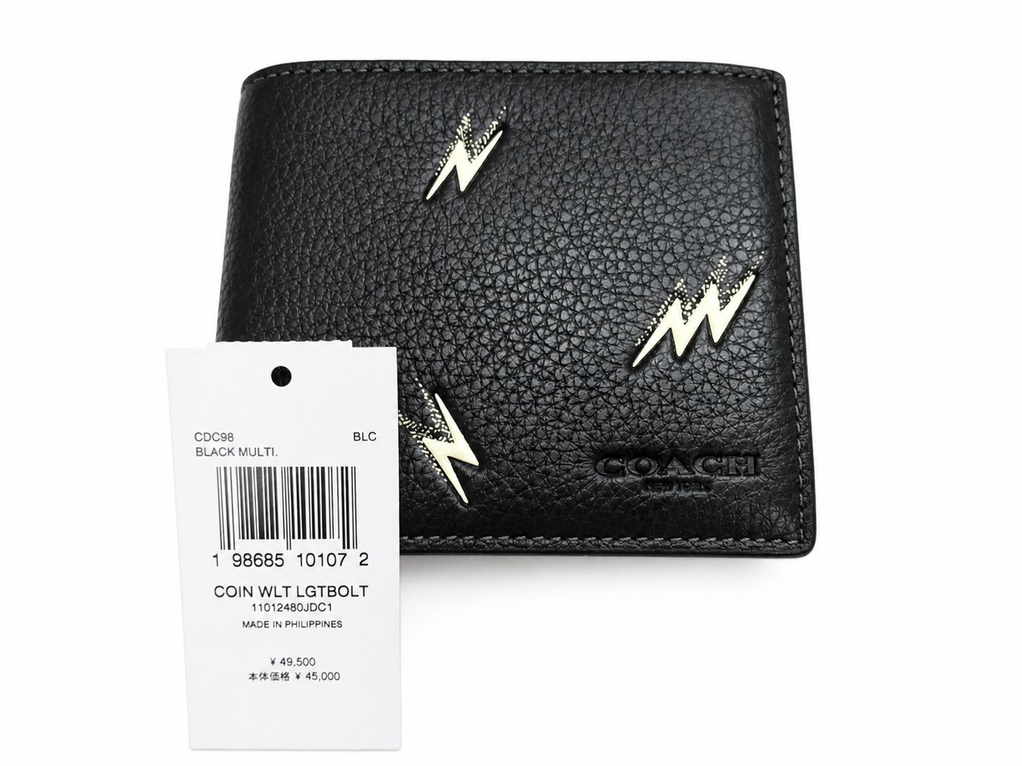 新品未使用　COACH 　コーチ 　コイン ウォレット・ライトニング ボルト プリント　CDC98 BLC　　ブラック　レザー　二つ折り財布　　サンダー　落雷　デザイン