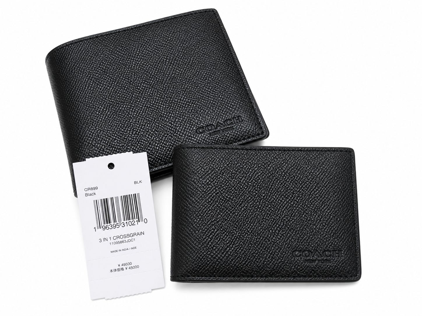 新品未使用　COACH 　コーチ　CR899 BLK　3-IN-1 ウォレット　クロスグレイン レザー　パスケース付き　二つ折り財布　黒　ブラック