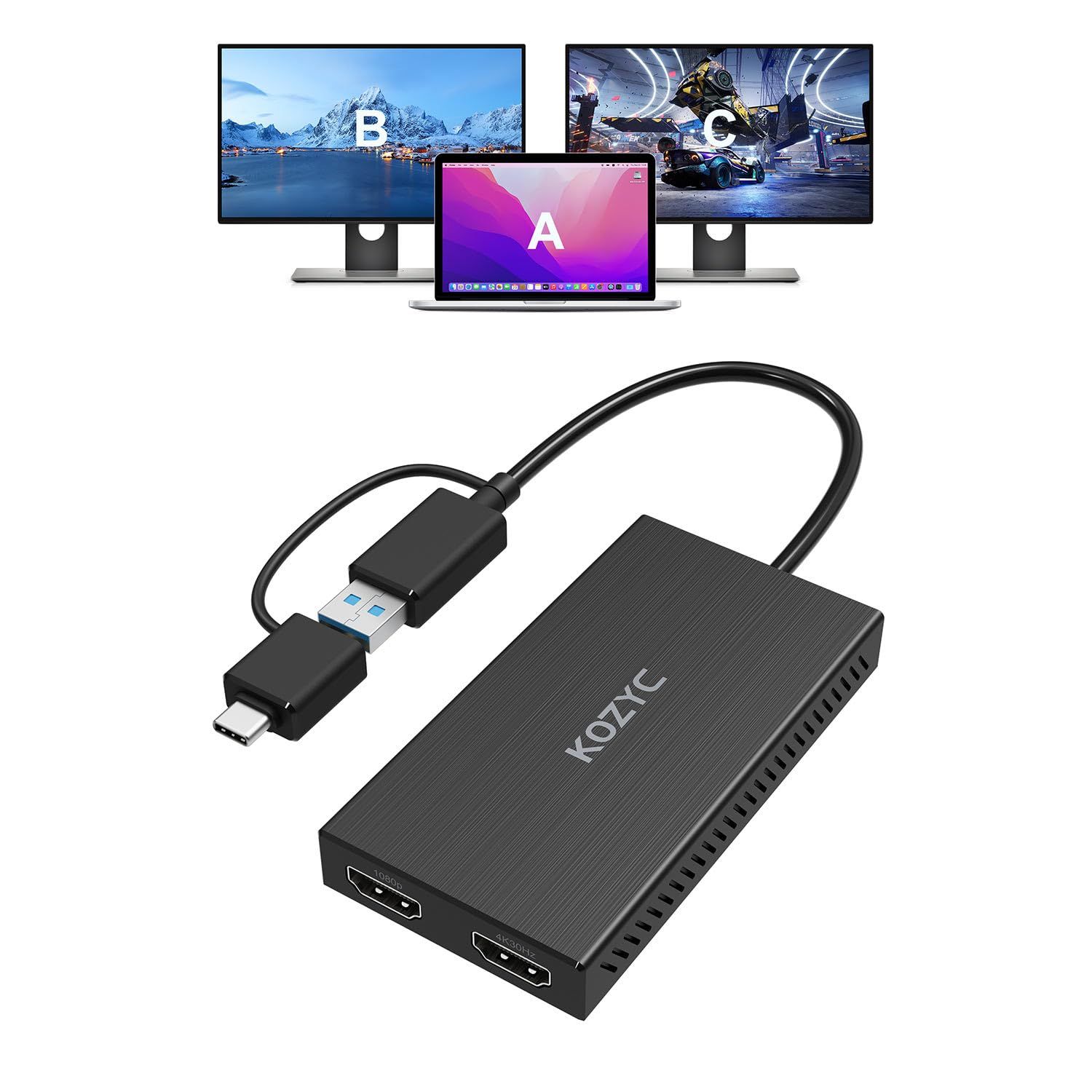 KOZYC USB 3.0からHDMIデュアルディスプレイアダプター、USB Aからスプリッター4K 30Hz + 1080P 60Hz、Windows、macOS用のPC、ノートパソコン、モニター、HDTVに対応したExtend/Mirrorモード ...