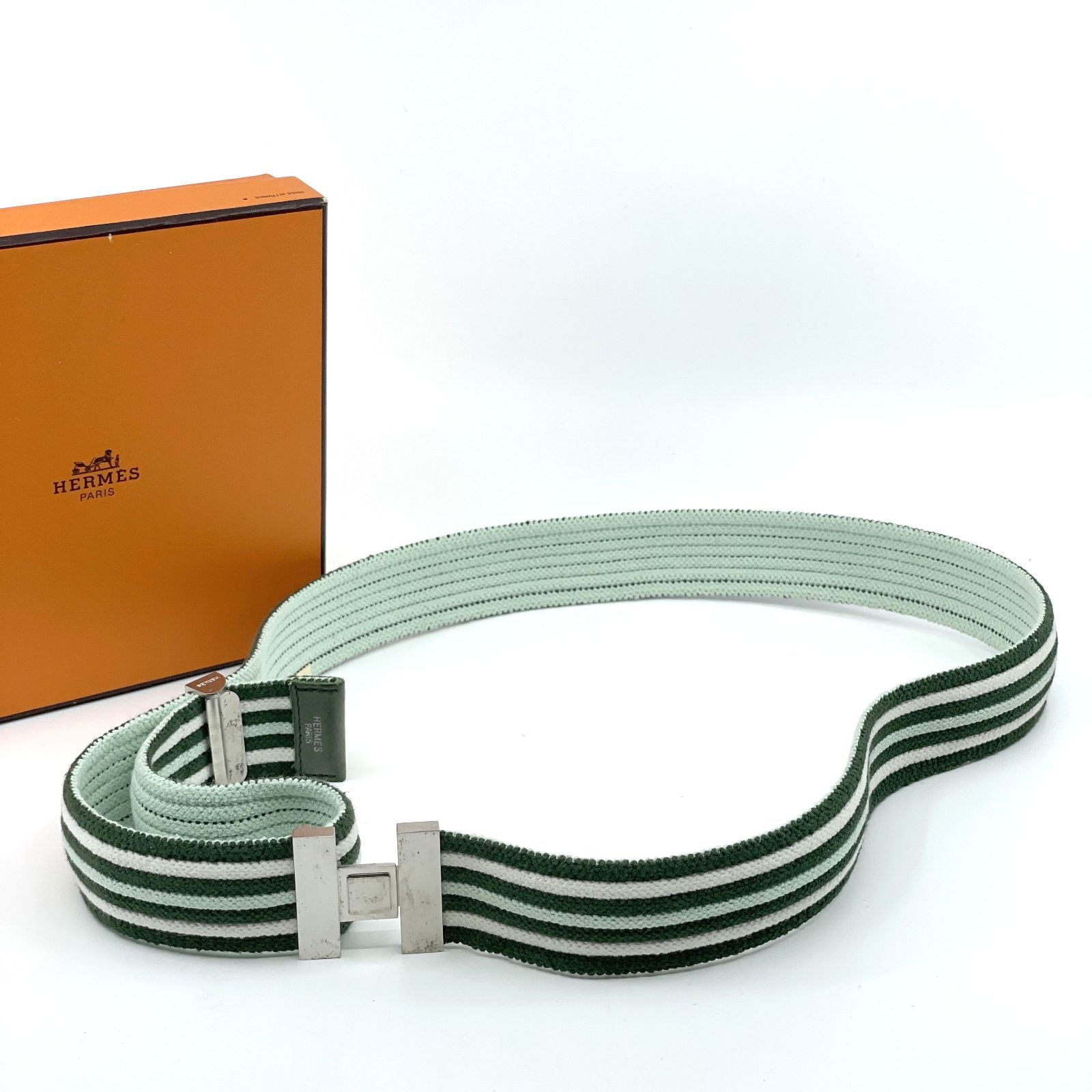 HERMES　エルメス Hロゴベルト キャンバス ホワイトグリーン　レディース