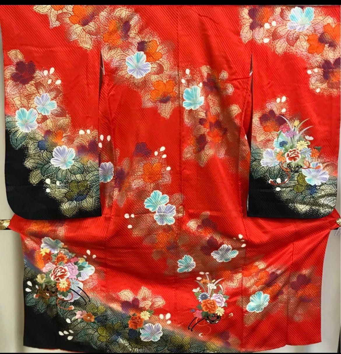 洗える子供の振袖　長襦袢セット　刺繍の花車　七五三