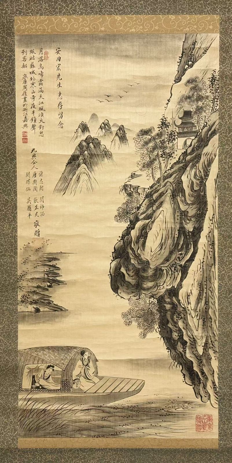 絹本掛軸 周履『楓橋夜泊図』浙江嘉興作 寒山寺詩意 山水人物図 立軸