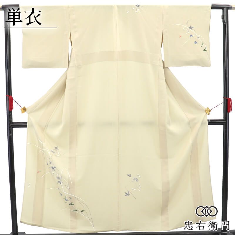 単衣着物 付下げ レディース 正絹 薄黄色 花柄 上品 身丈158cm 裄丈63.5cm 観劇 食事会 パーティ Ｓ～Ｍサイズ相当 即日発送