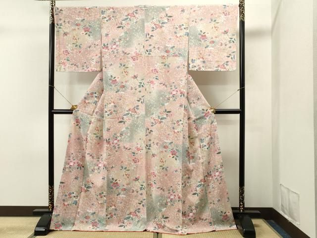 草色に流水と花鳥　小紋 MR-02917 上質な小紋 流水花鳥文 暈し染め 金彩 正絹 逸品 未使用