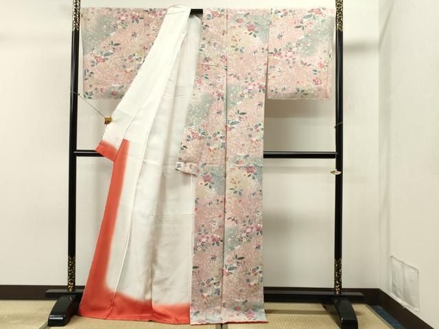 草色に流水と花鳥　小紋 MR-02917 上質な小紋 流水花鳥文 暈し染め 金彩 正絹 逸品 未使用