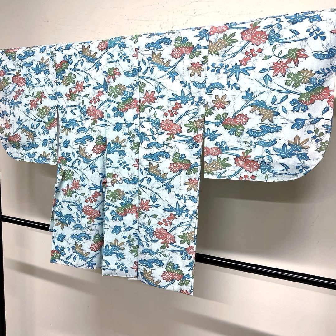 道中着　洗える着物　型染　楓　松　菊花　身丈77　裄63.5　着物　044tz