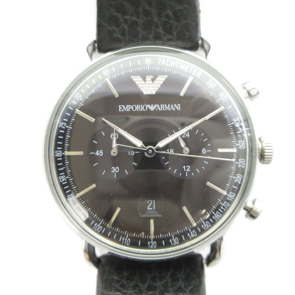 エンポリオアルマーニ EMPORIO ARMANI AR-11143 AVIATOR アビエイター 腕時計 クォーツ ウォッチ 黒文字盤 レザーベルト クロノグラフ カレンダー付き シルバー色 ■GY18 /MQ