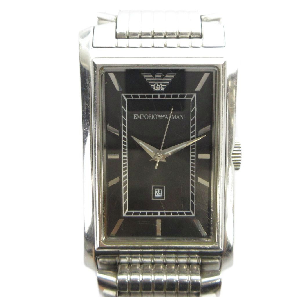 エンポリオアルマーニ EMPORIO ARMANI 腕時計 ウォッチ レクタングル クォーツ 黒文字盤 カレンダー付き シルバー色 ■GY11 /MQ