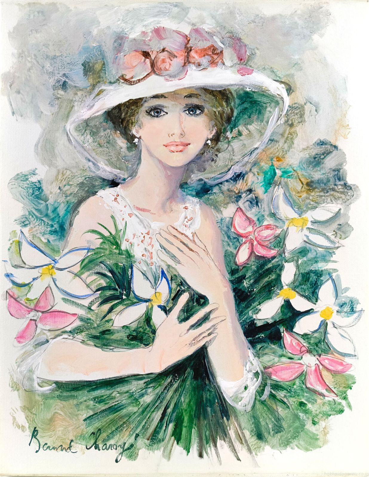 ベルナール・シャロワ 「ブーケを持つエマ」 油彩＋水彩 絵画