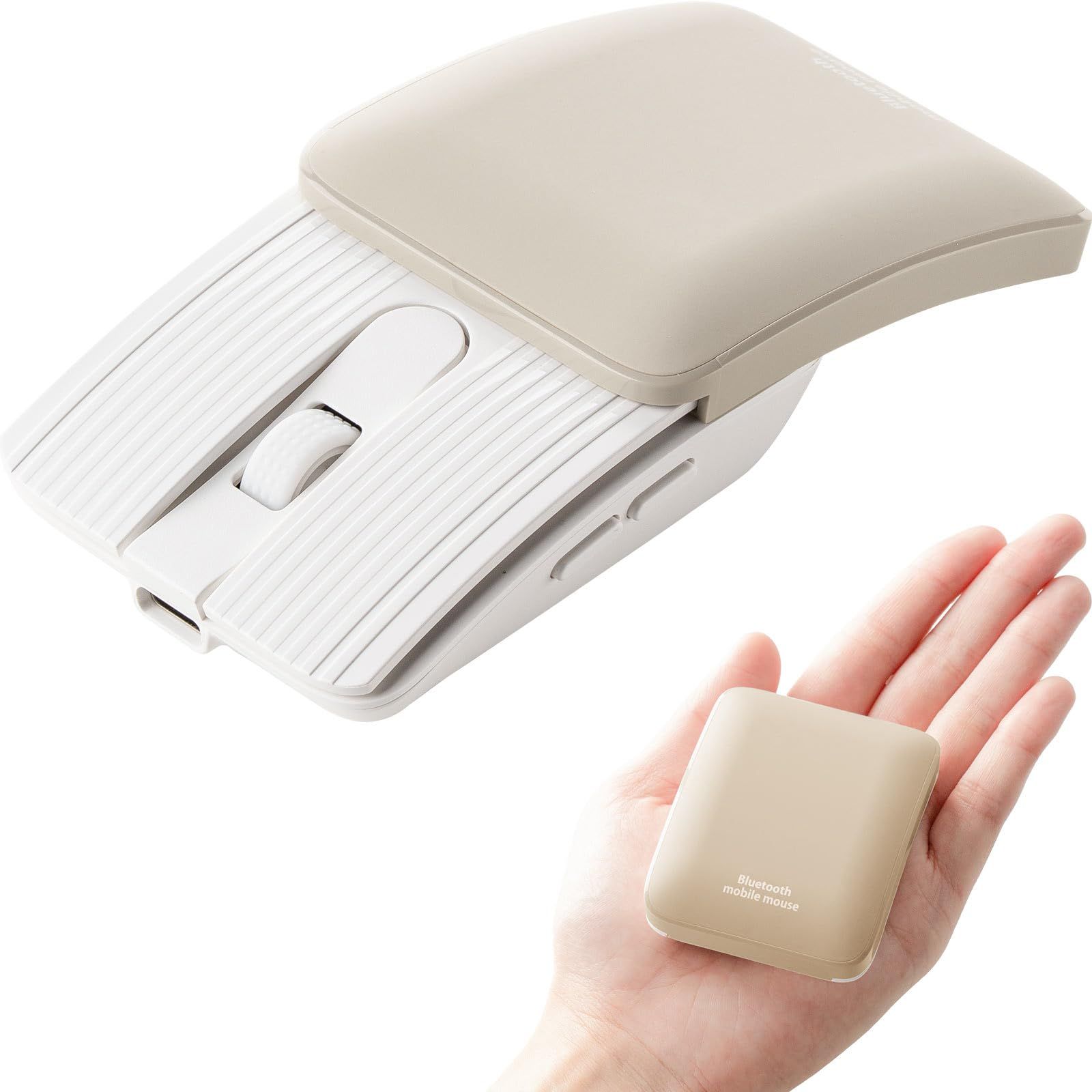 イーサプライ モバイルマウス Bluetooth 折りたたみ 小型 5ボタン 静音 DPI切替 持ち運び 軽量 タブレット/スマホ対応 USB-C充電式 ポーチ付き ベージュ EEX-MABT03BG