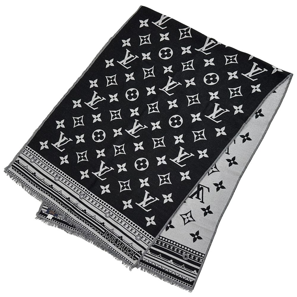 ルイ・ヴィトン LOUIS VUITTON マフラー レディース メンズ ブランド ストール モノグラム ウール シルク エトール・アメージングラム ブラック グレー 大判 【中古】