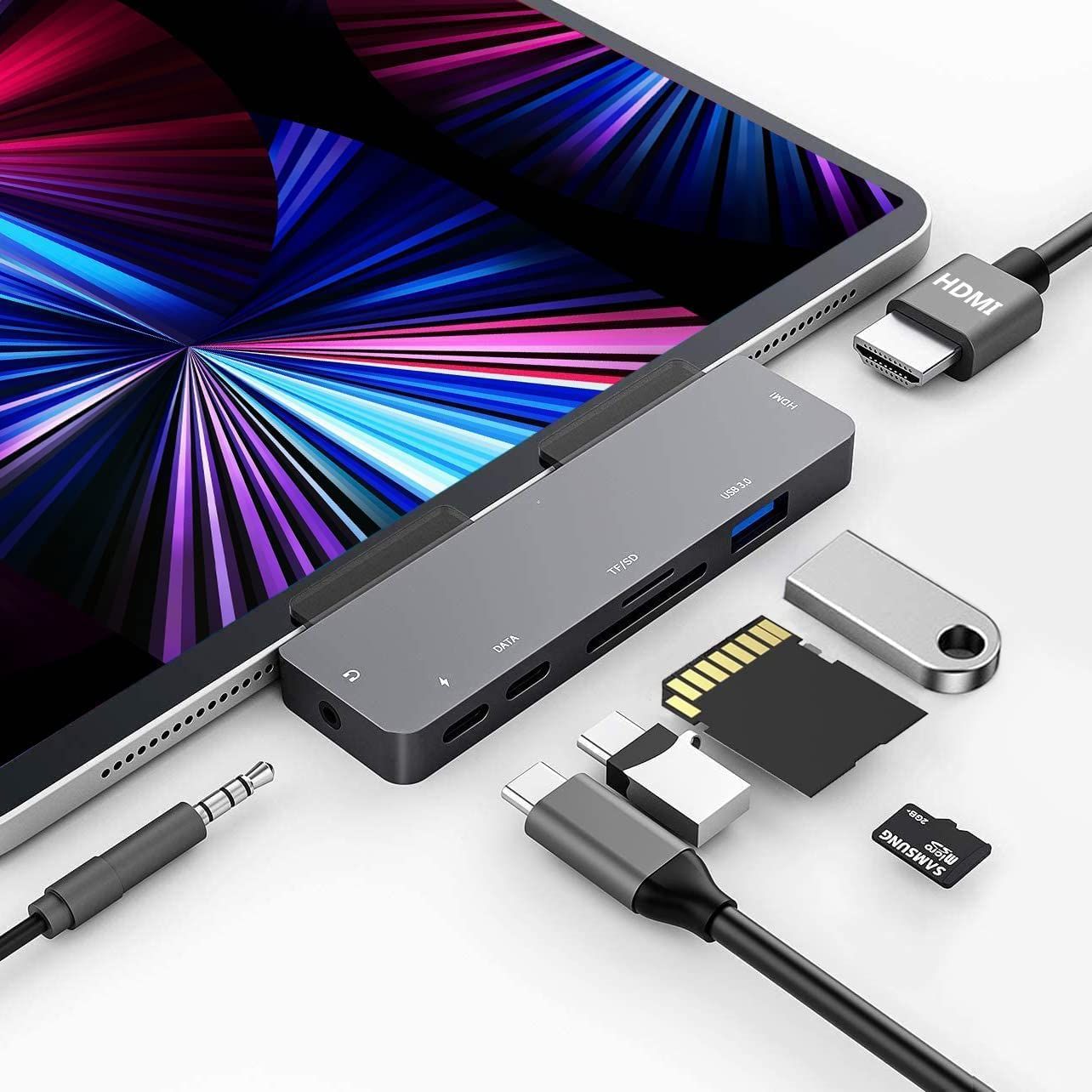iPad Pro用USB-Cハブアダプター（iPad Pro 2024、M4、M2、M1対応）、4K@60Hz HDMI、3.5mmジャック、USB 3.0、PD 60W、SD/TFカードスロット搭載の7-in-1ハブ。iPad Air 4/5、iP ...