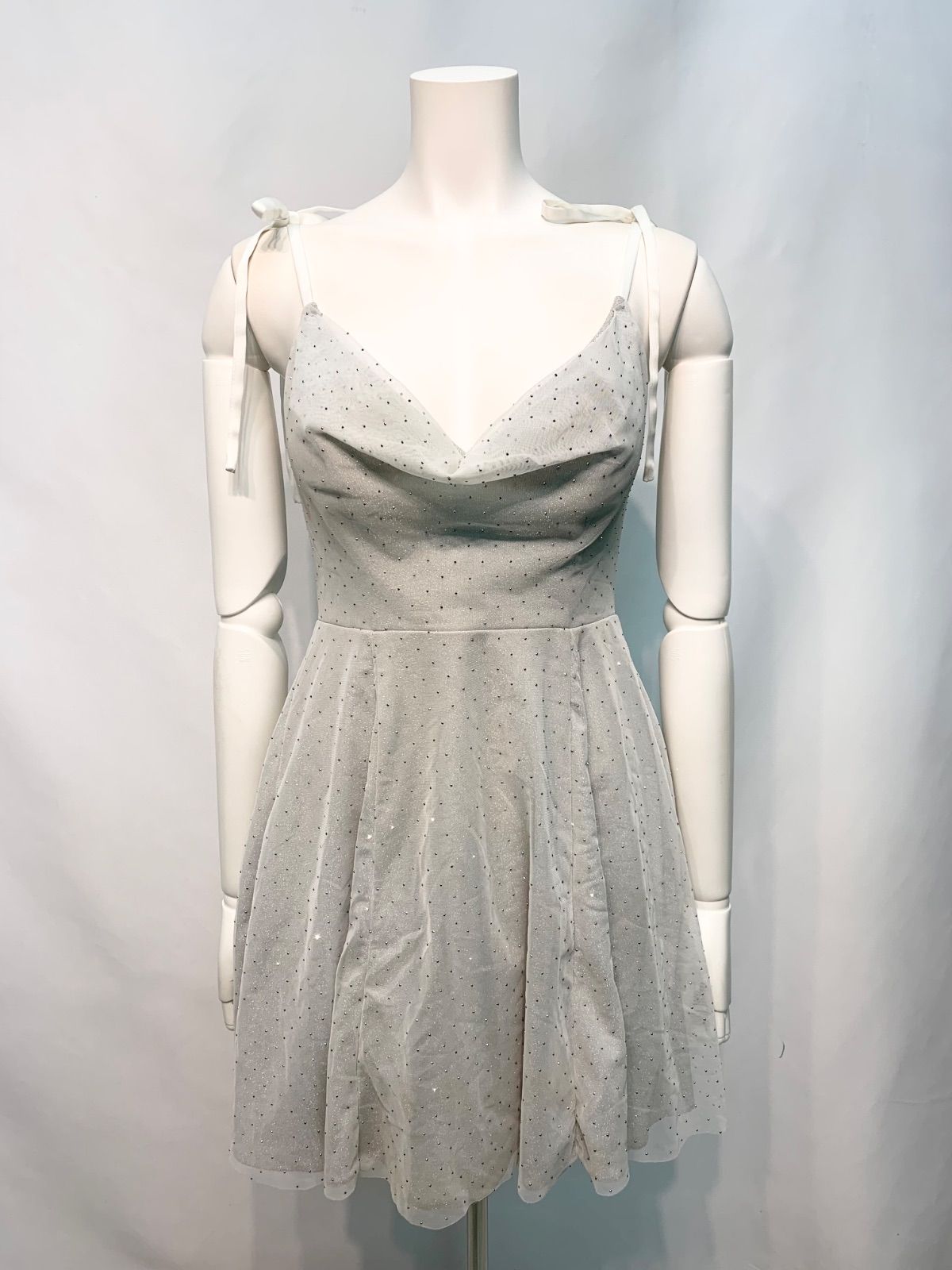 2718 ROBE de FLEURS ローブドフルール キャバクラ ドレス ラメニット スタッズ付きチュール リボンストラップ ミニ フレア キャバドレス M