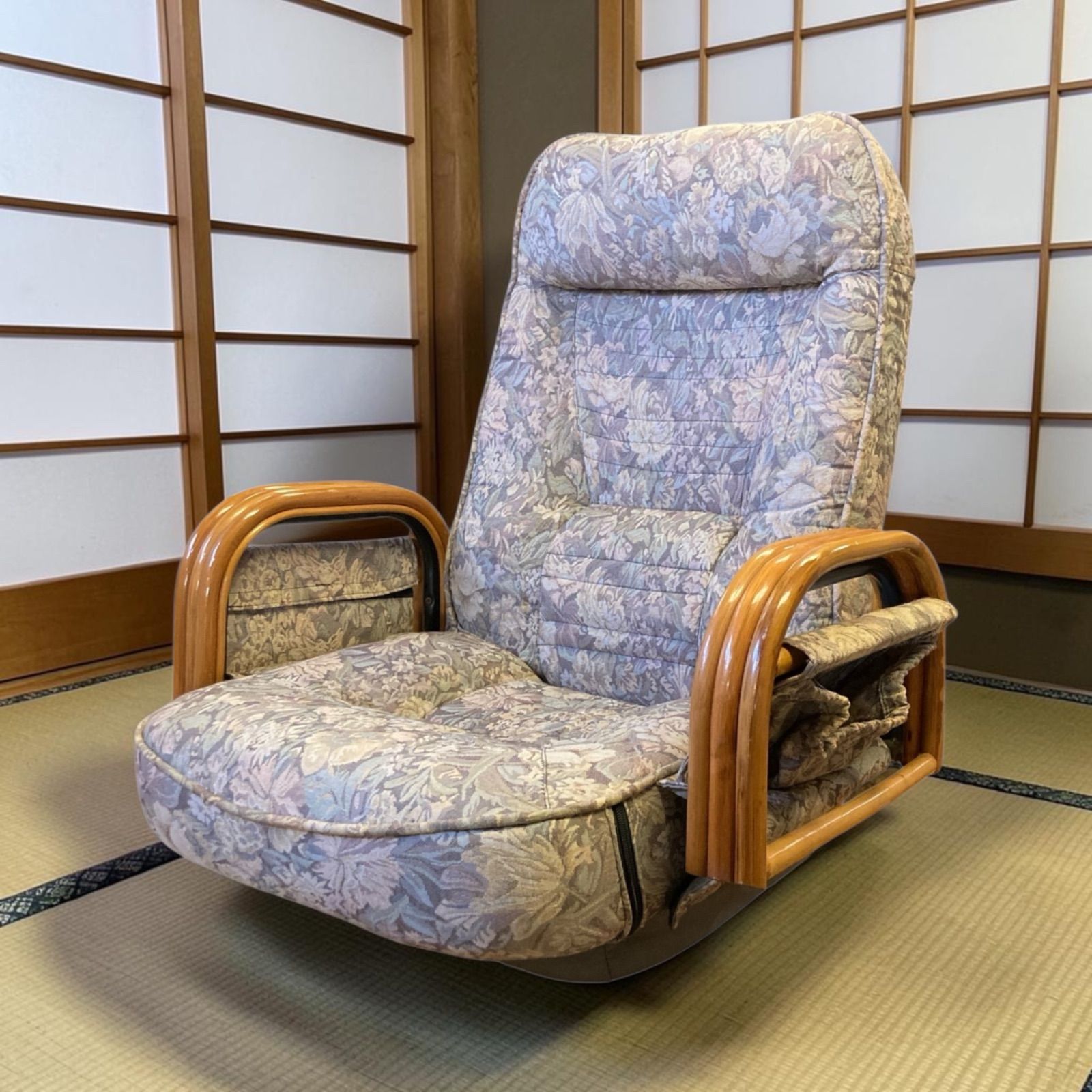 昭和レトロ ラタン 椅子 チェア 回転座椅子 リクライニングチェア