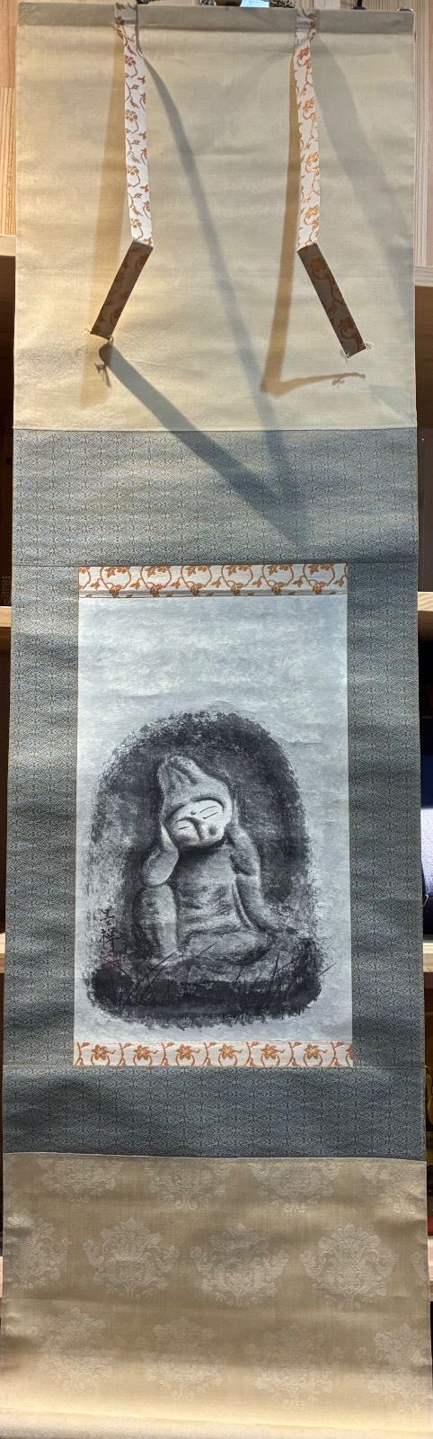 掛軸 墨禅『石仏 地藏尊』水墨画 仏画 禅画