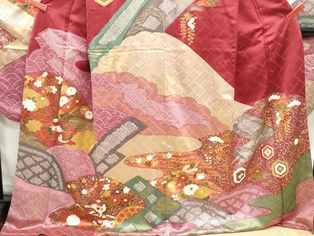 平和屋着物●豪華振袖　紅型　流水鴛鴦風景文　さが美扱い　正絹　逸品　AABG7898cs 平和屋着物○豪華振袖 紅型 流水鴛鴦風景文 さが美扱い 正絹 逸品