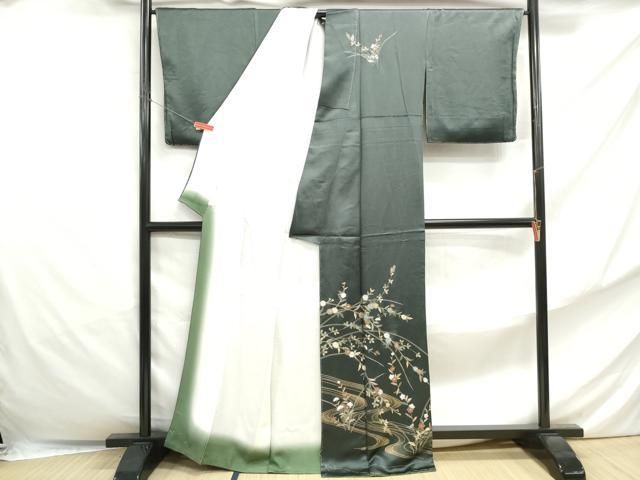 平和屋着物▽小紋　単衣　流水花文　洗える着物　AABC7502jh TORAY（東レ） 洗える着物 単衣 街着屋 江戸小紋 鮫小紋 黒色 M L