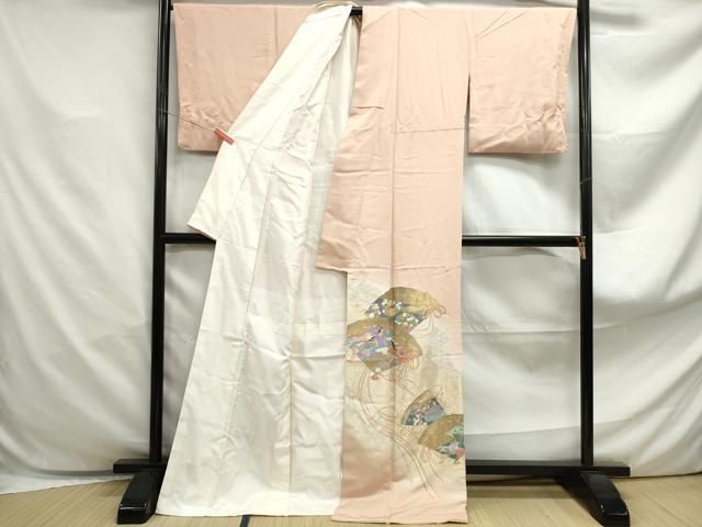 平和屋着物●お召　色留袖　寿光織　横段文　金糸　正絹　逸品　AABG9855cs 平和屋着物□豪華色留袖 寿光織 檜扇人物花文 暈し染め 金糸 ロング丈
