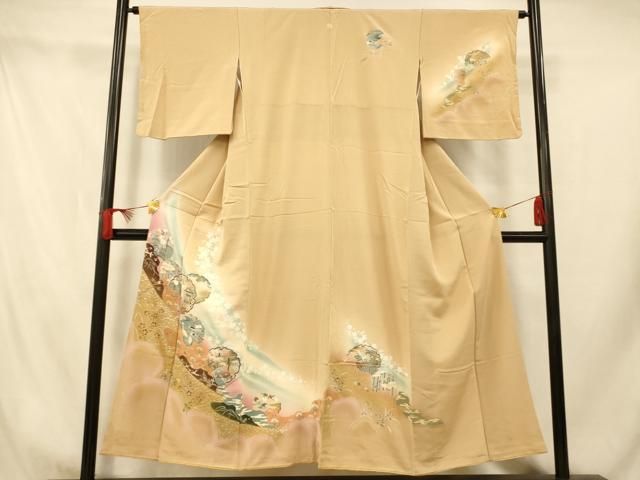 平和屋着物●無地絵羽訪問着　雪輪花文　黄朽葉色　正絹　逸品　AABF5915fy 平和屋着物□訪問着 雪輪花鳥風景文 暈し染め 金彩 正絹 逸品