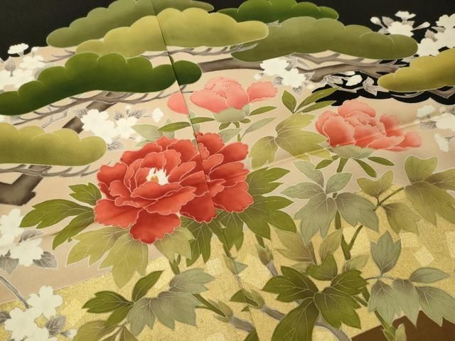平和屋着物●京友禅作家　倉田泰波　色留袖　能舞　尾長鳥花文　金彩　正絹　逸品　CABE6906ut 平和屋着物○京友禅作家 倉田泰波 色留袖 能舞 尾長鳥花文 金彩 正絹