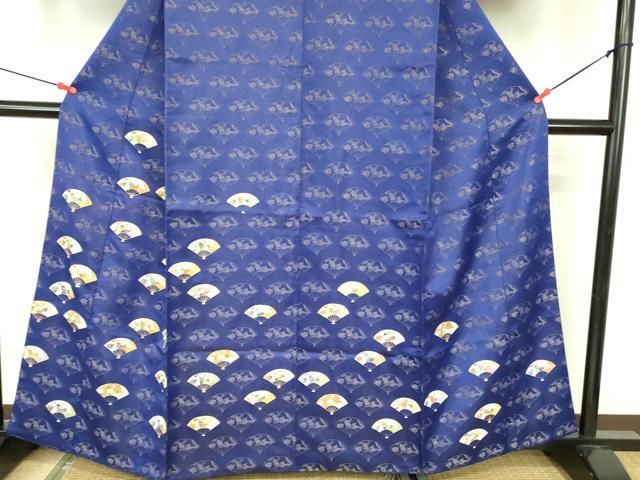 平和屋着物●小紋　単衣　正藍絣　扇面花蝶文　反端付き　綿　逸品　DABC2557ud 平和屋着物○小紋 単衣 正藍絣 扇面花蝶文 反端付き 綿 逸品