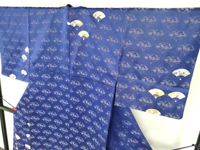 平和屋着物●小紋　単衣　正藍絣　扇面花蝶文　反端付き　綿　逸品　DABC2557ud 平和屋着物○小紋 単衣 正藍絣 扇面花蝶文 反端付き 綿 逸品