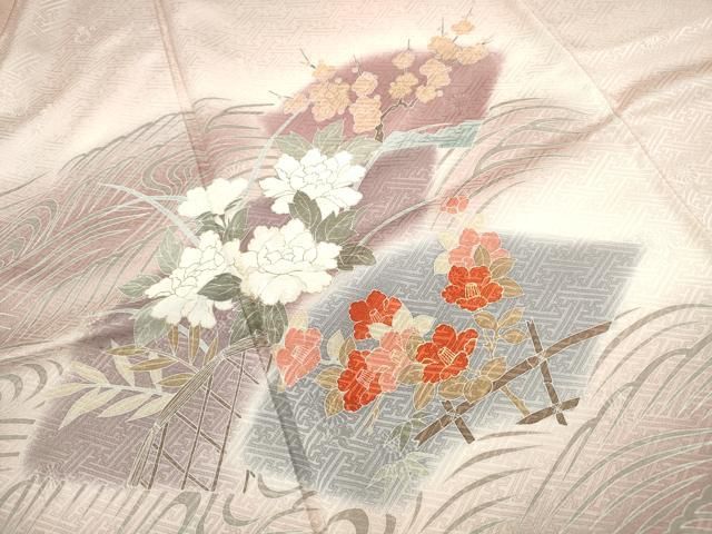 平和屋着物●訪問着　紬地　立波舟風景草花文　ますいわ屋扱い　ロング丈　正絹　逸品　CABD7430ut 平和屋着物□訪問着 立波地紙花文 暈し染め 金彩 ますいわ屋扱い 正絹