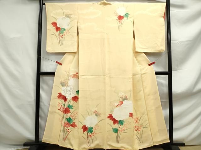 平和屋本店●希少　訪問着　刺繍　手描き　孔雀　鶯　鳥　花　象牙色地　逸品　DZAA3596kh5 平和屋着物□訪問着 手描き 駒刺繍 草花文 正絹 逸品 DABF4917qa